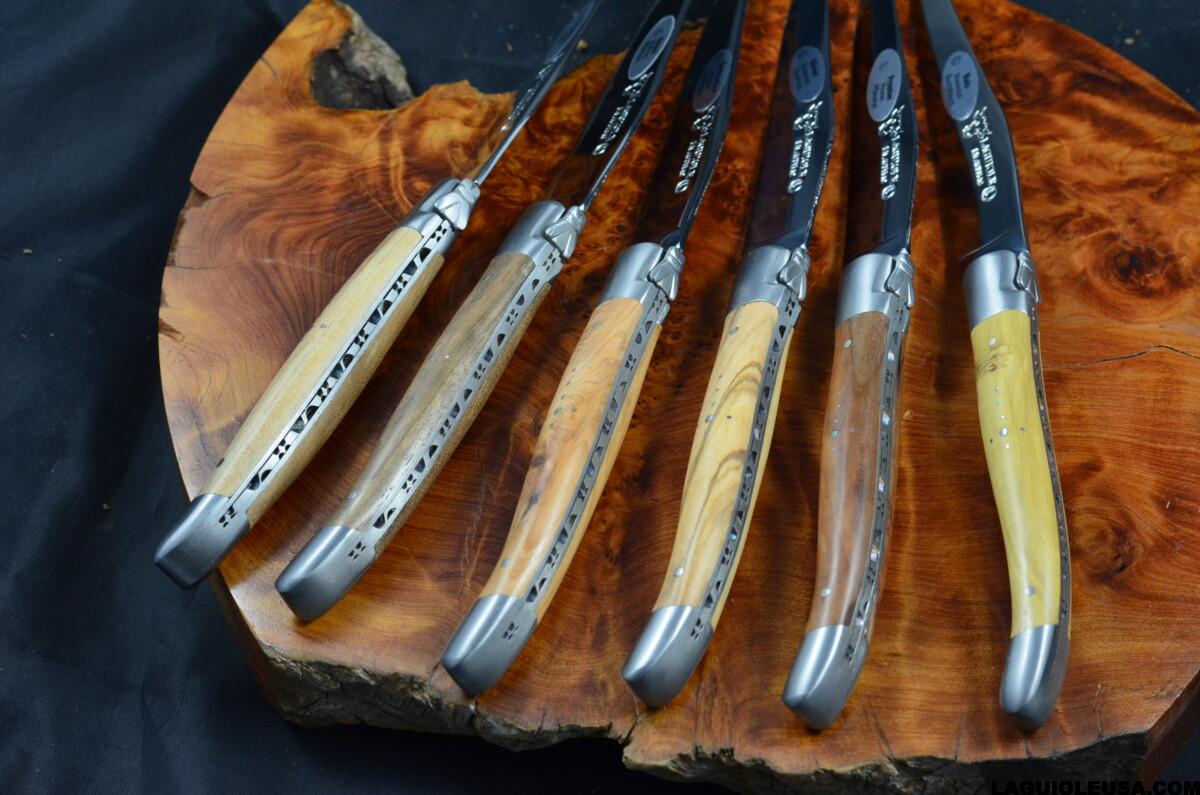Laguiole Steak Knives Set of 6 – 6 Mixed wood – Brass Bolsters