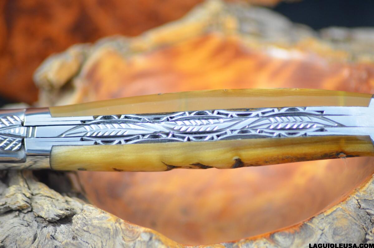 Ram Horn Handle, Double-Plate, Damascus Blade, Laguiole en Aubrac Folding Knife - Image 15