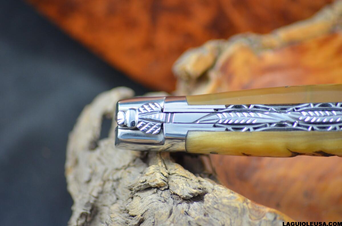 Ram Horn Handle, Double-Plate, Damascus Blade, Laguiole en Aubrac Folding Knife - Image 11