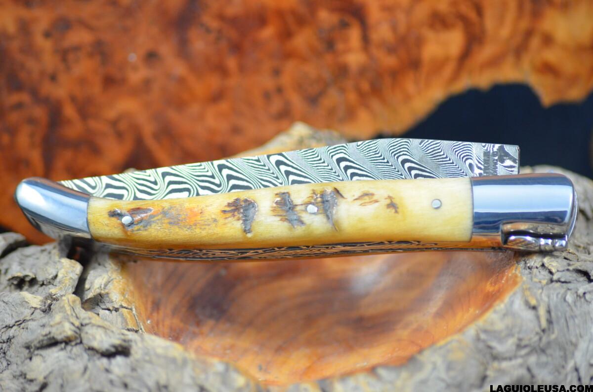Ram Horn Handle, Double-Plate, Damascus Blade, Laguiole en Aubrac Folding Knife - Image 3