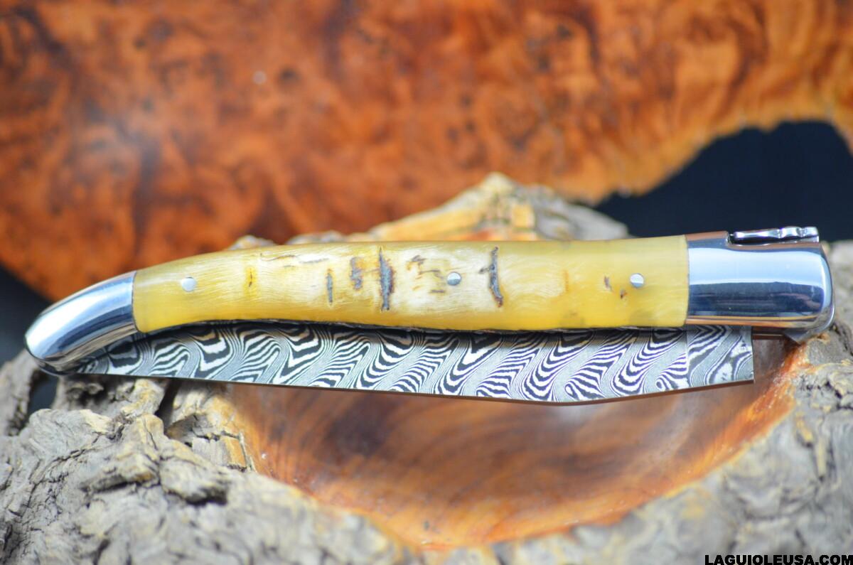 Ram Horn Handle, Double-Plate, Damascus Blade, Laguiole en Aubrac Folding Knife - Image 4