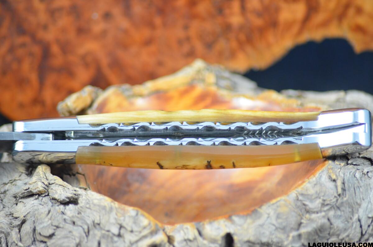 Ram Horn Handle, Double-Plate, Damascus Blade, Laguiole en Aubrac Folding Knife - Image 9