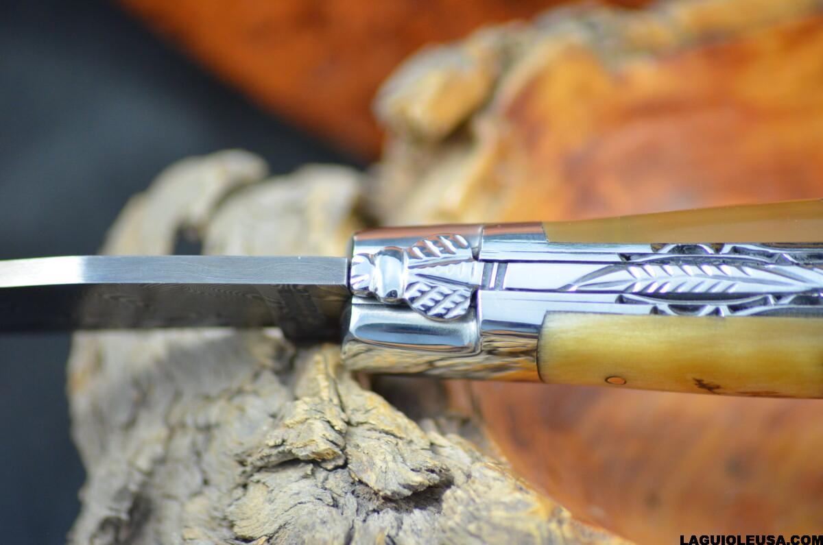 Ram Horn Handle, Double-Plate, Damascus Blade, Laguiole en Aubrac Folding Knife - Image 13