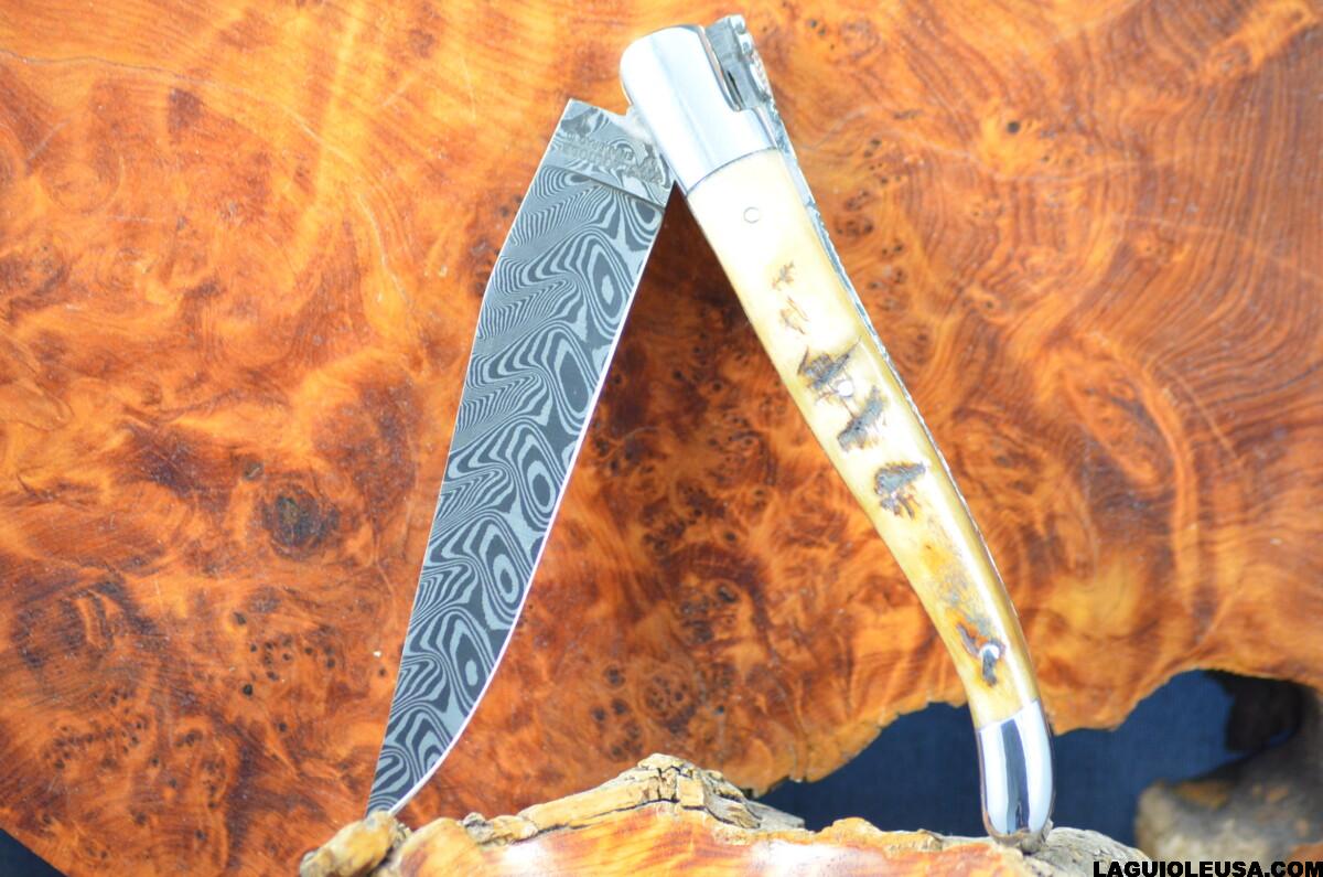 Ram Horn Handle, Double-Plate, Damascus Blade, Laguiole en Aubrac Folding Knife - Image 16